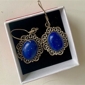 Elegant Blue Stone and Oxidized Silver Earrings